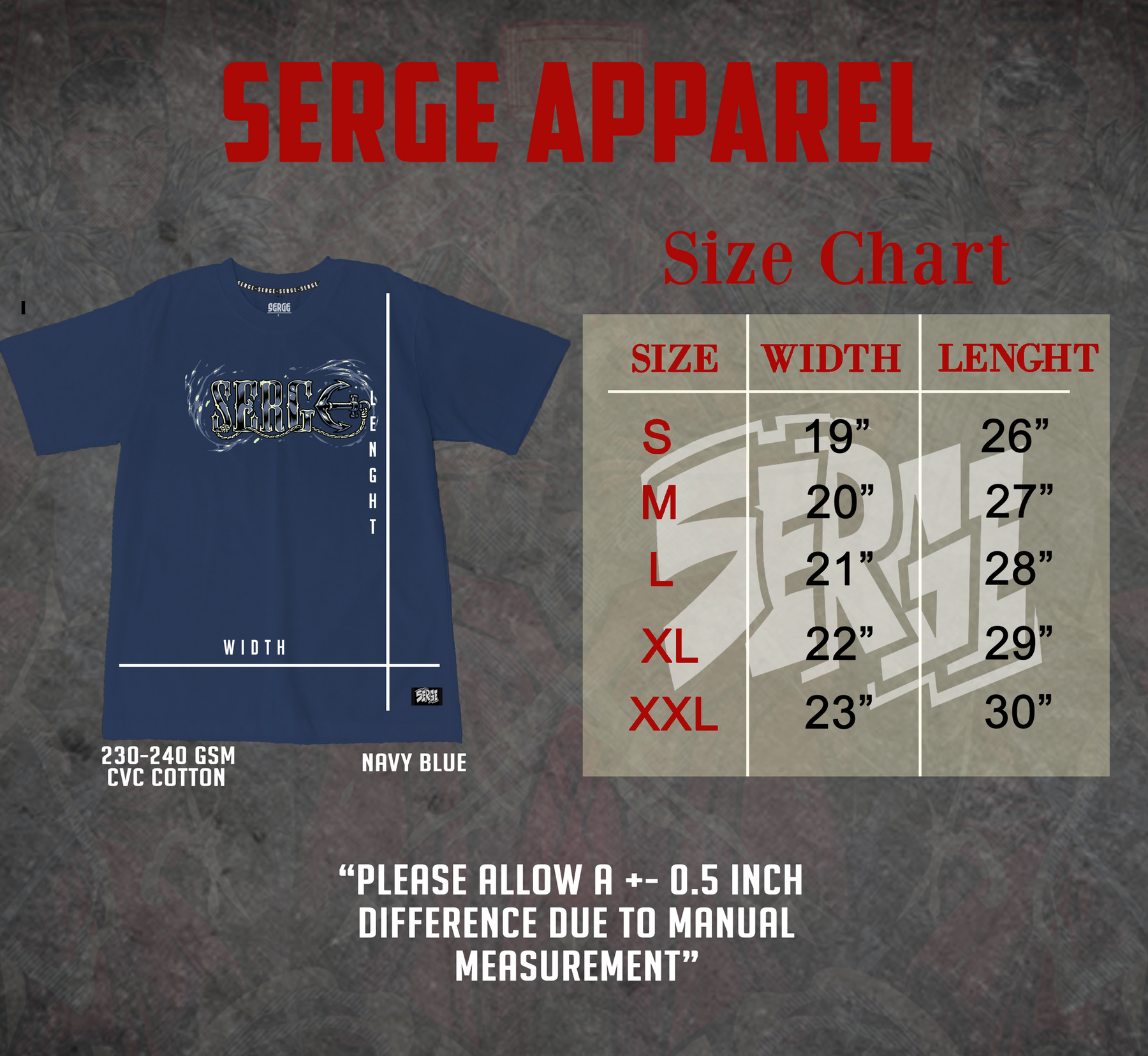 Serge V1 - Admiral size chart